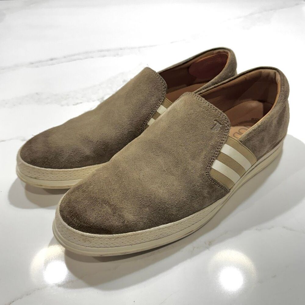 Tod's Gomma Taupe Suede Striped Side Gore Sneakers. Size 8.5